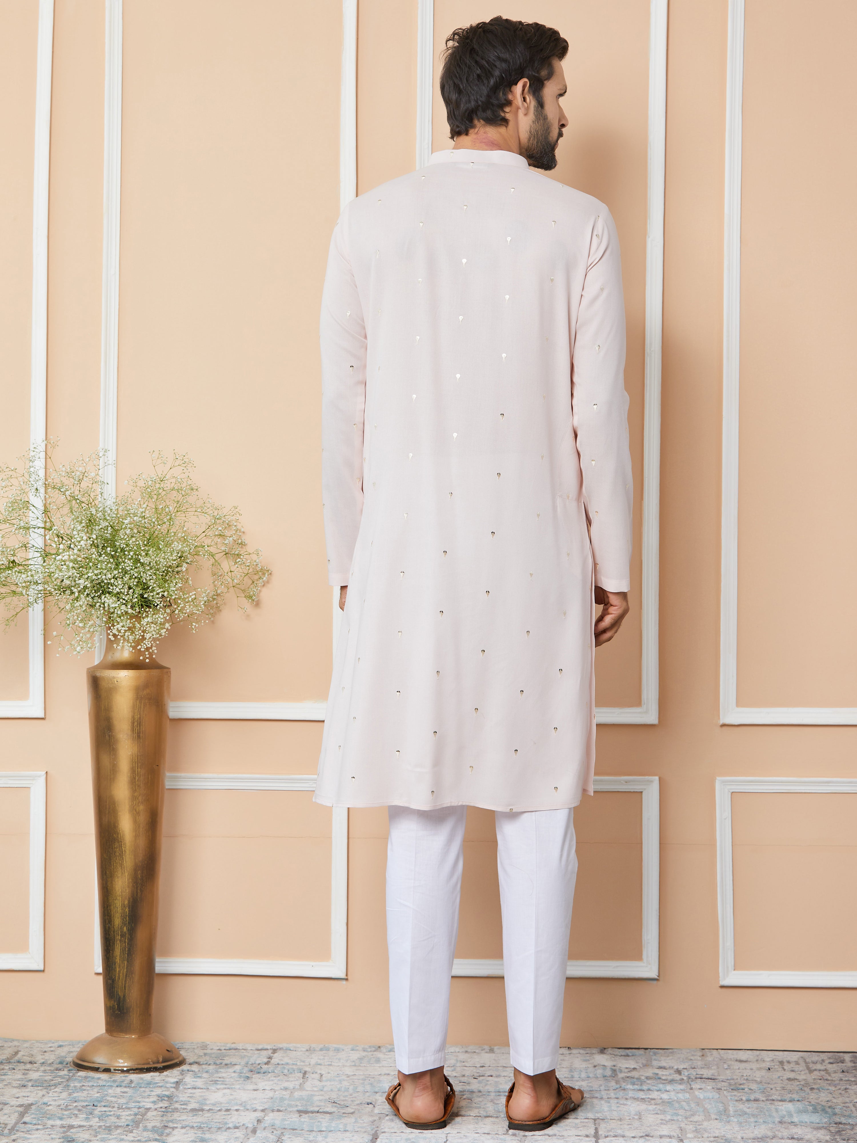 Light Pink Sequins Embroidered Rayon Straight Kurta with Yoke Design and Pyjama