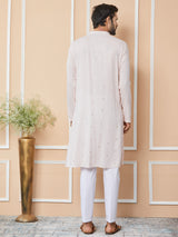 Light Pink Sequins Embroidered Rayon Straight Kurta with Yoke Design and Pyjama