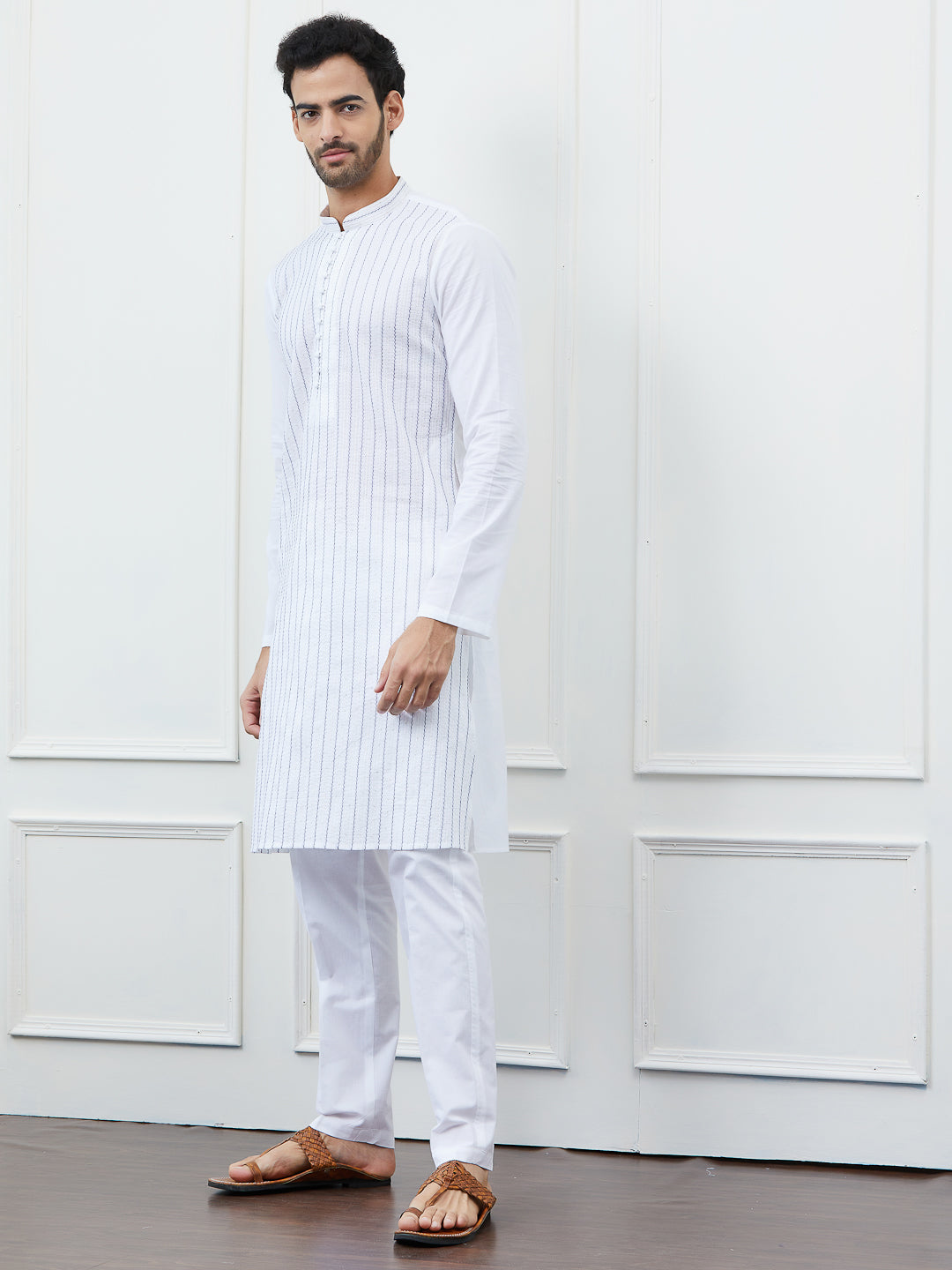 Men White Cotton Kurta with Blue Thread Work