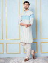 Men Off White and Turquoise Weaving Design Kurta With pyjama