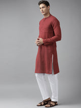 Men Maroon Cotton Straight Kurta with Slub Effect