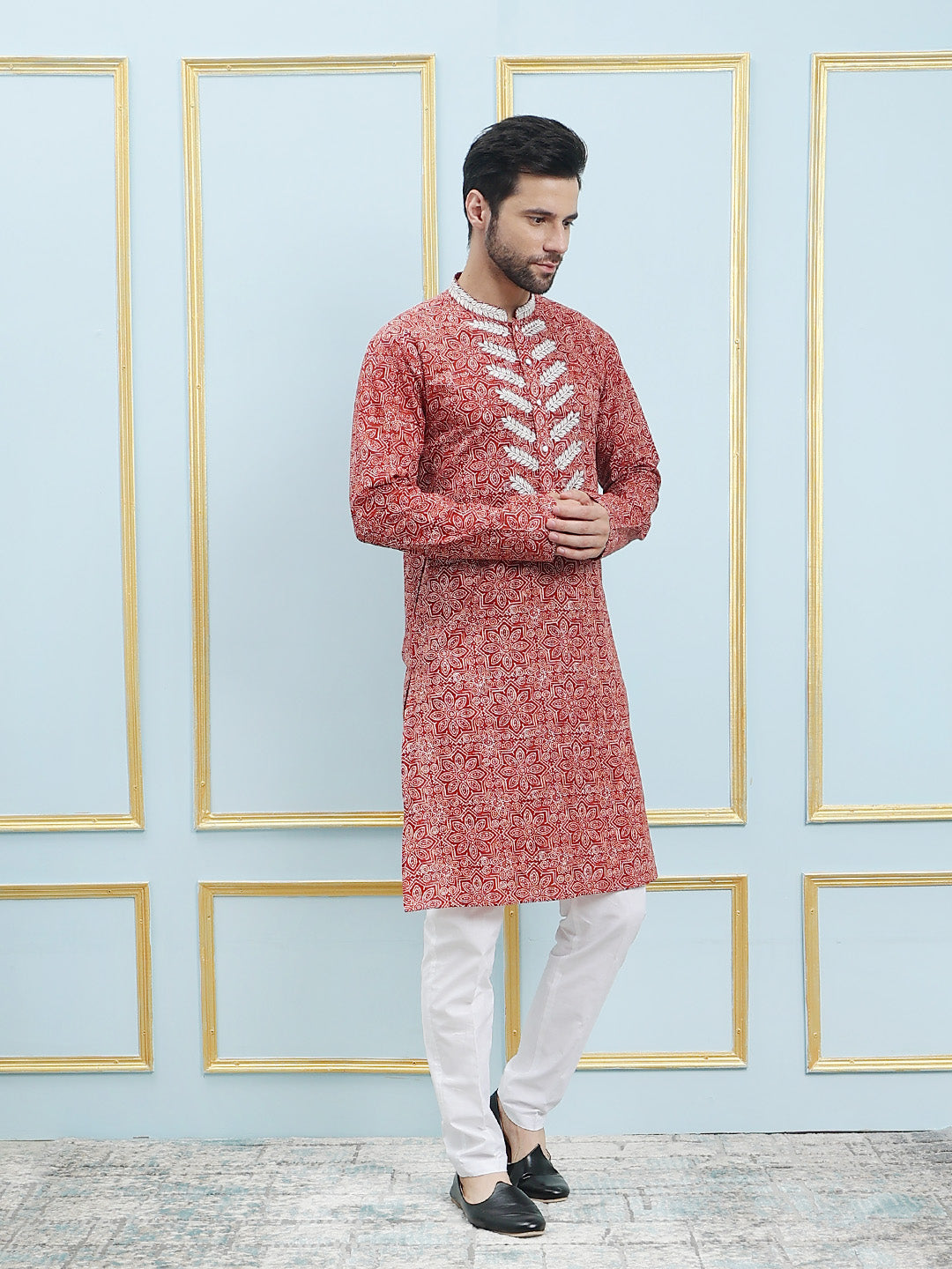 Riwaat.com Men Red & White Embroidery Cotton Kurta Riwaat Embroidered