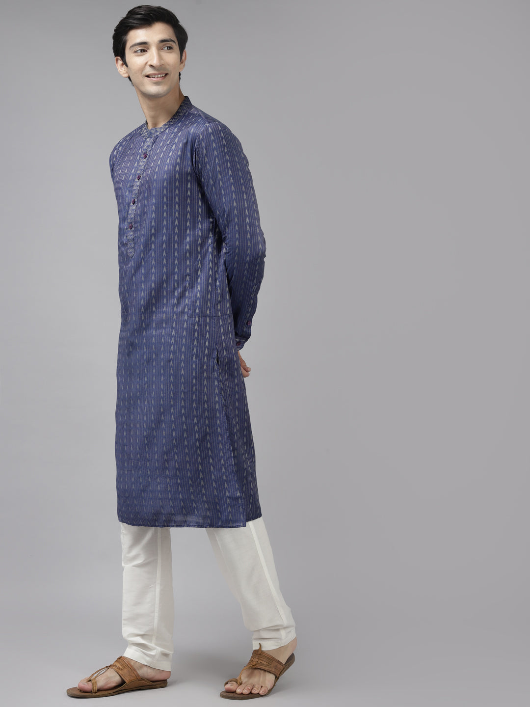 Men Purple & Beige Woven Design Thread Work Kurta