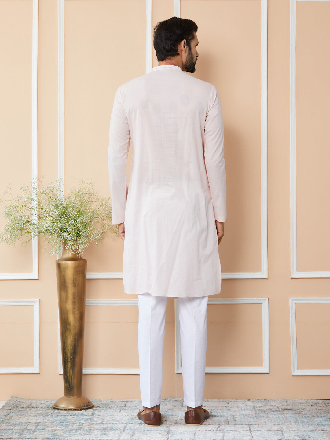 Light Pink Thread & Sequins Worked Pure Cotton Straight Kurta with Pyjama