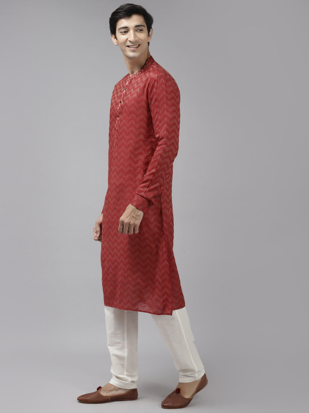 Men Maroon & Beige Wave Woven Design Thread Work Kurta