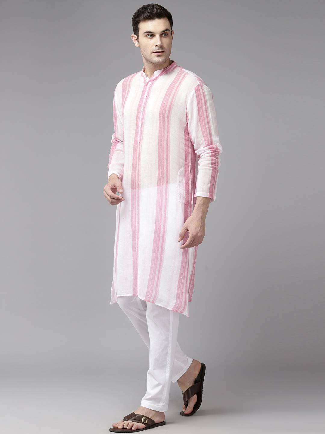 Men White & Pink Bliss Pure Cotton Printed Straight Kurta With Pajama