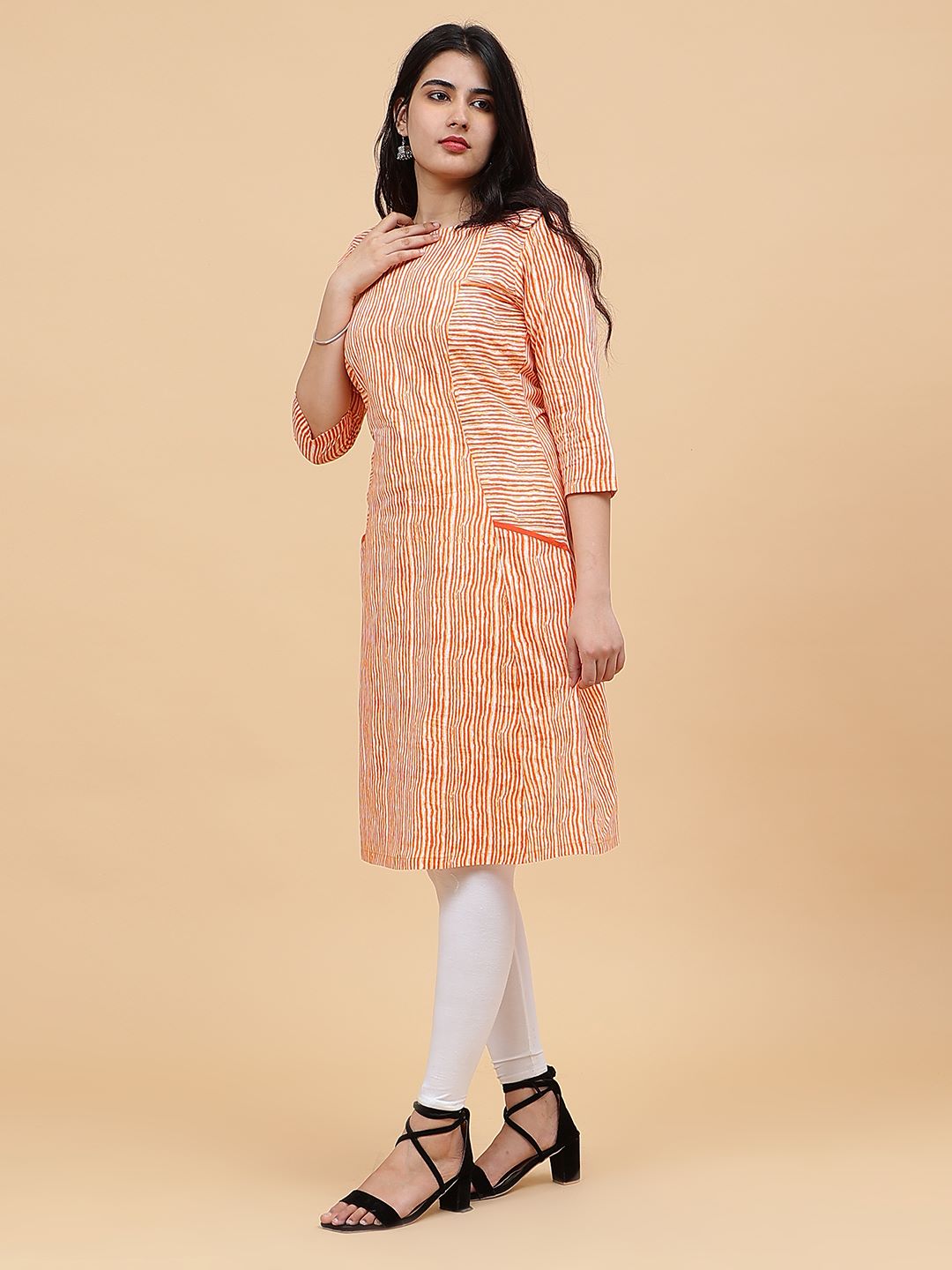 Women Orange And White Printed Cotton Kurti