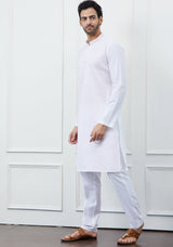 Men White Cotton Kurta With Pink Thread Work