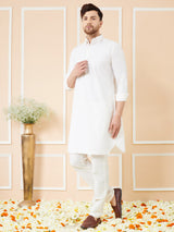 Men Off White Cotton Solid Pathani Kurta with Pyjama