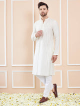 Men Pearl White with Golden Stripes Chanderi Silk Sequins Kurta With Pajama