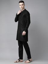 Men Black Floral Embroidered Sequins Rayon Kurta With pyjama