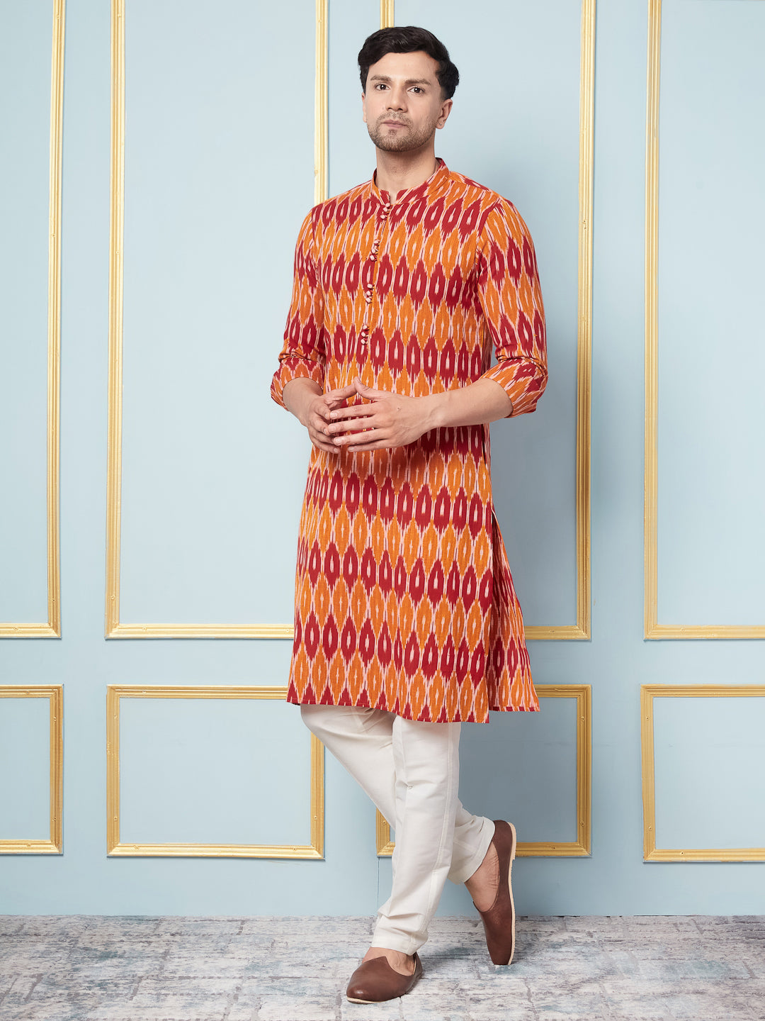 Men Mustard and Orange Ikat Printed Kurta With pyjama