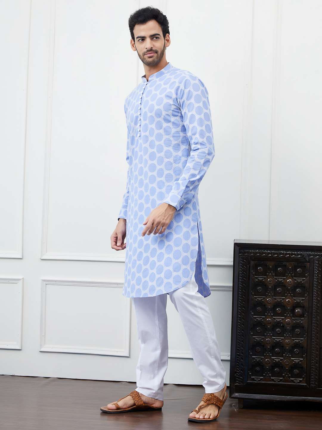 Men Light Blue with Circular Pattern Embroidered Cotton Kurta Set