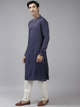 Men Blue & Beige Woven Design Thread Work Kurta