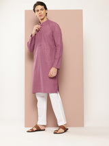 Men Pink Embroidered Sequin Rayon Kurta