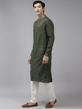 Men Green & Beige Wave Woven Design Thread Work Kurta