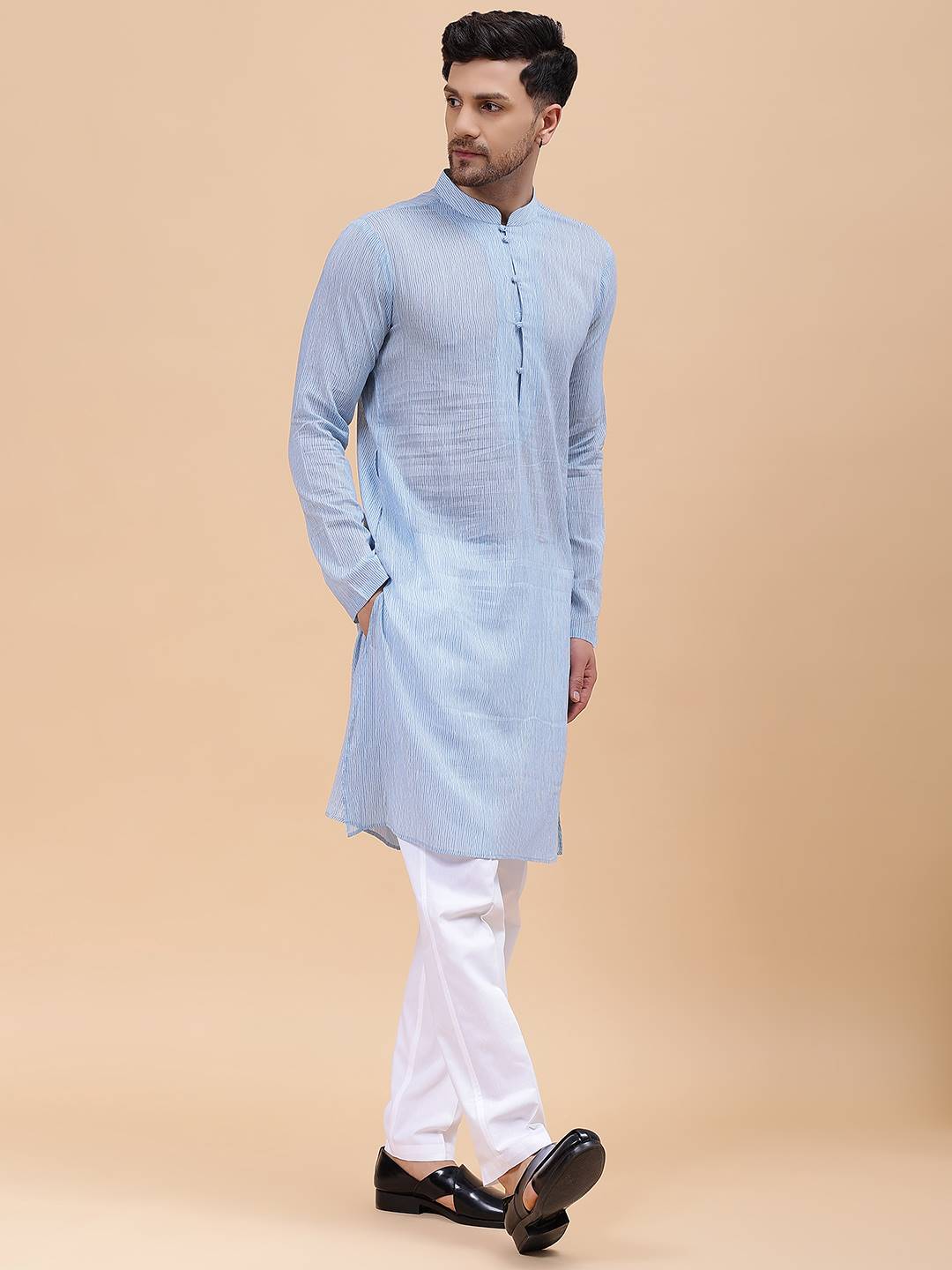 Men Sky Blue & White Pure Cotton Embroidered Straight Kurta With Pajama