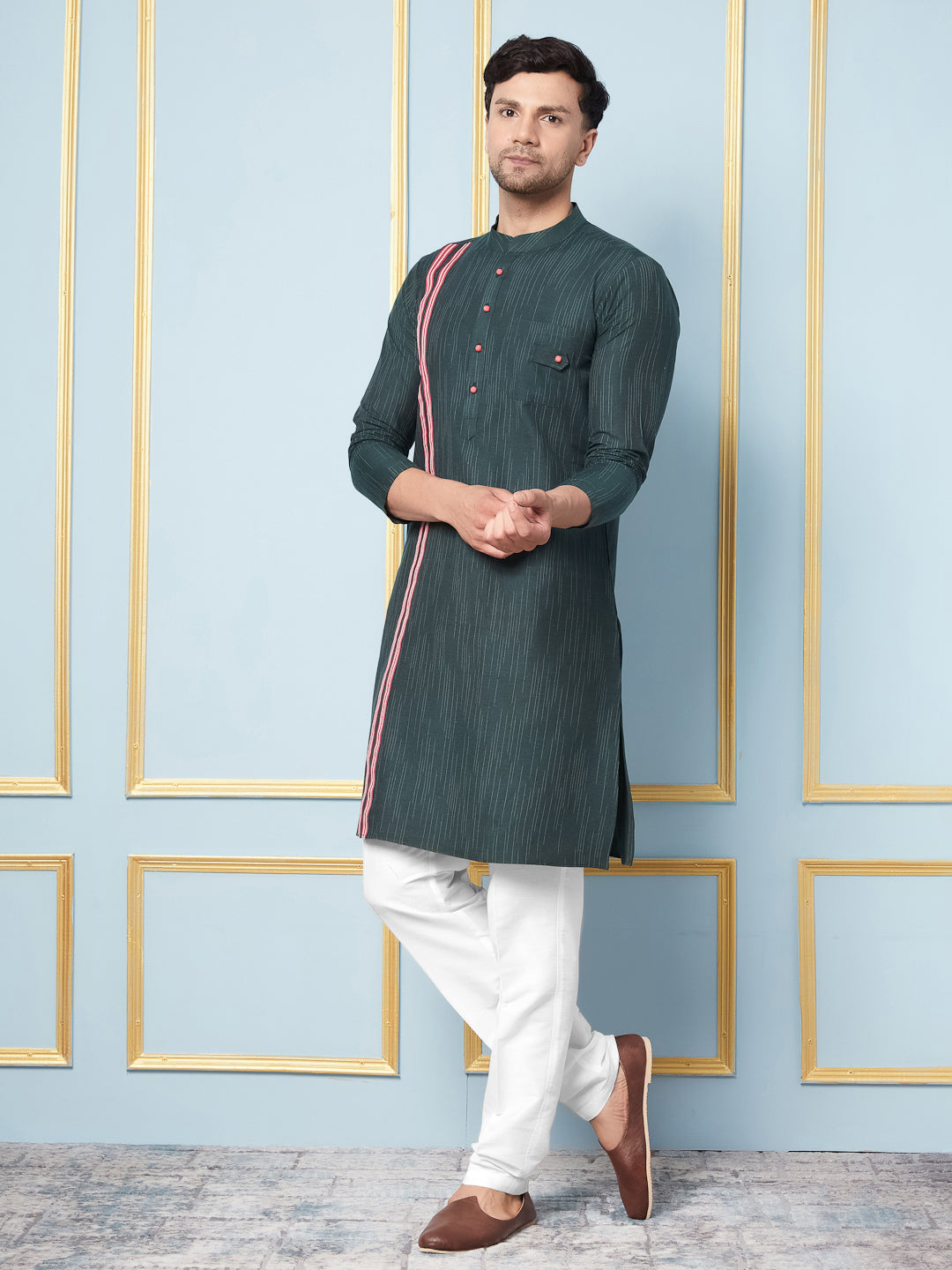 Men Green and White Weaving Design Kurta With pyjama