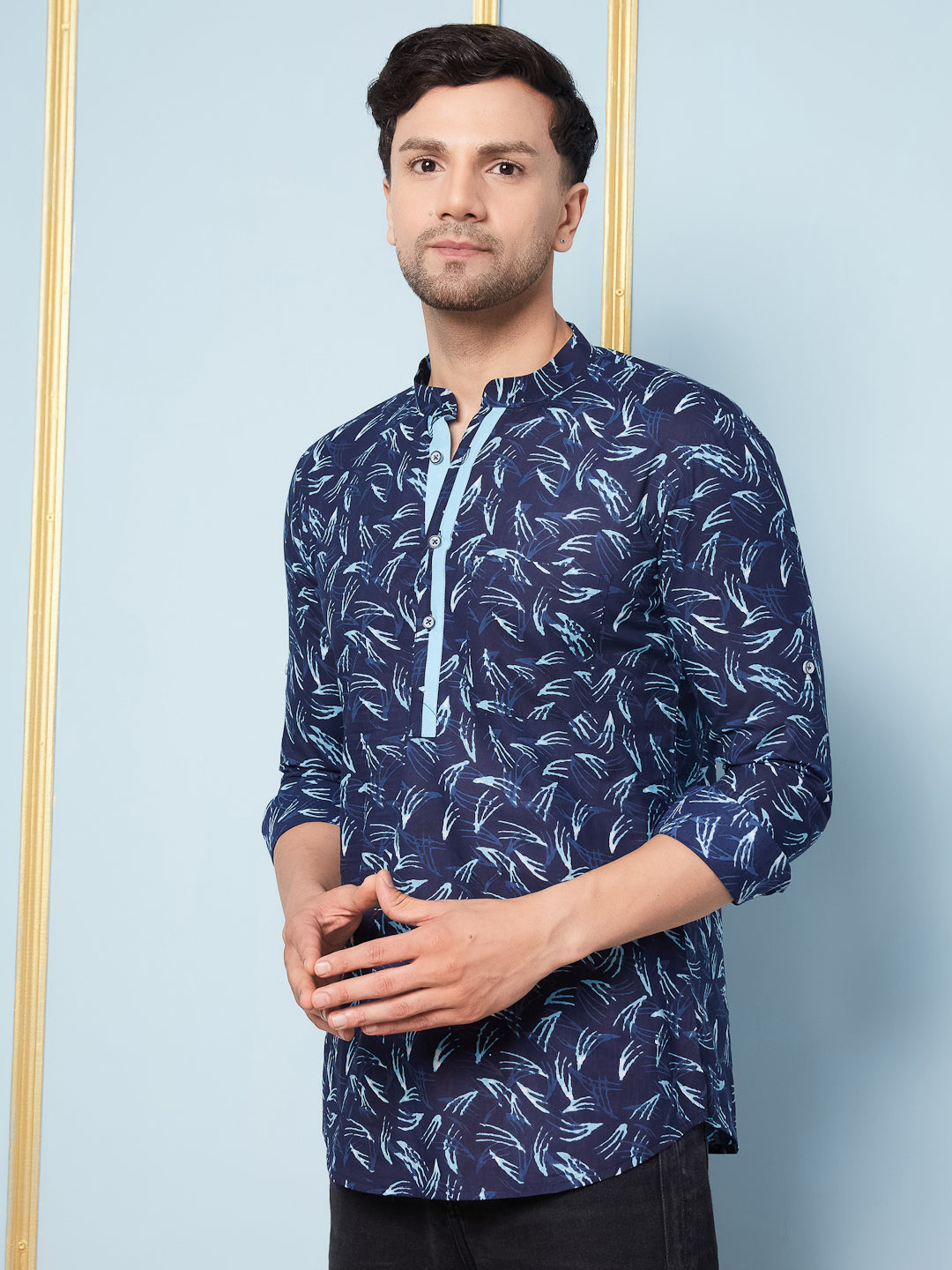 Men Blue Indigo Printed Cotton Short Kurta