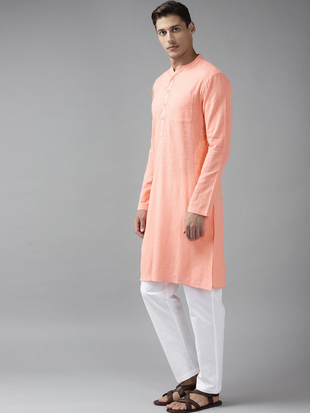 Men Peach Cotton Straight Kurta with Slub Effect With Pajama