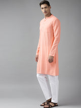 Men Peach Cotton Straight Kurta with Slub Effect With Pajama