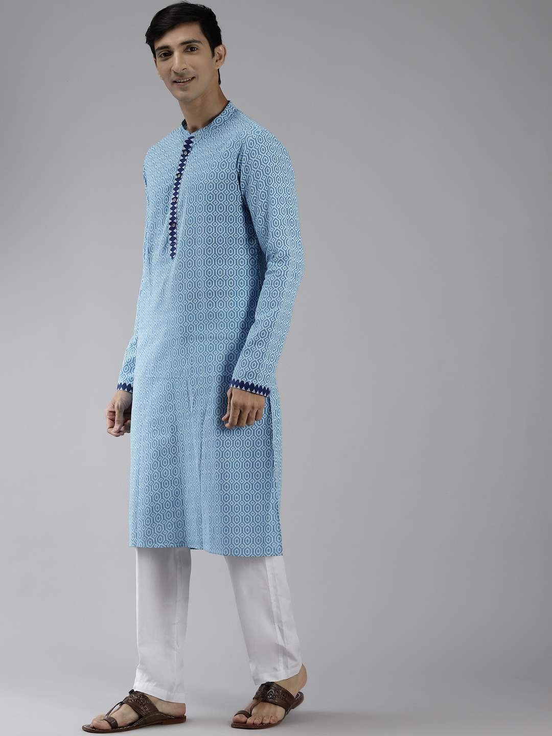 Men Blue & White Azure Printed Straight Kurta With Pajama