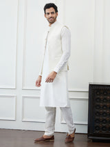 Men Off White Color Woven Design Embroidery With Sequence Cotton Nehru Jacket