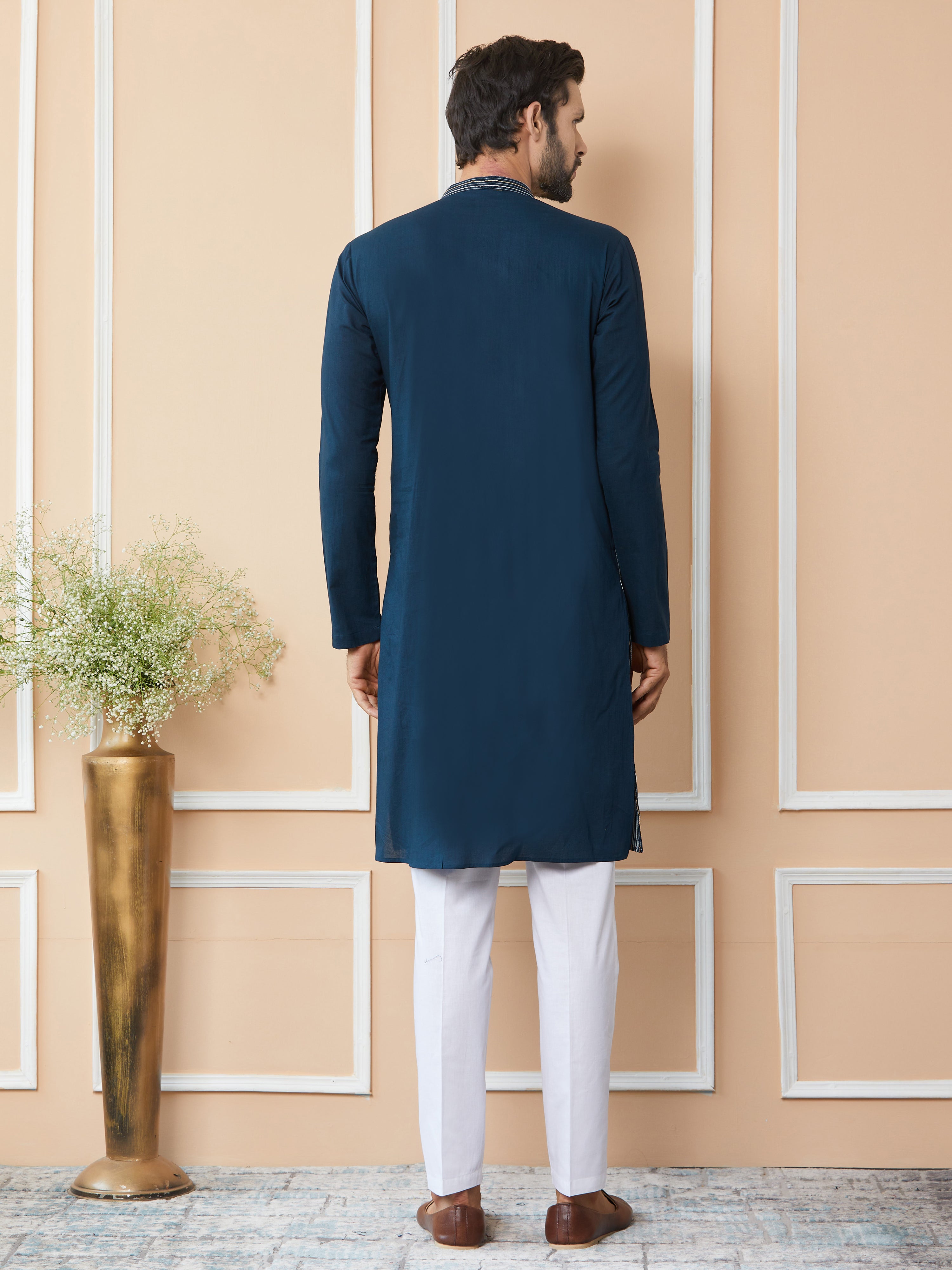 Dark Blue Thread & Sequins Worked Pure Cotton Straight Kurta with Pyjama