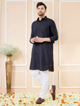 Men Black Cotton Solid Pathani Kurta with Pyjama
