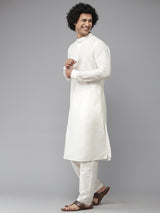 Men White Cotton Silk Straight Kurta