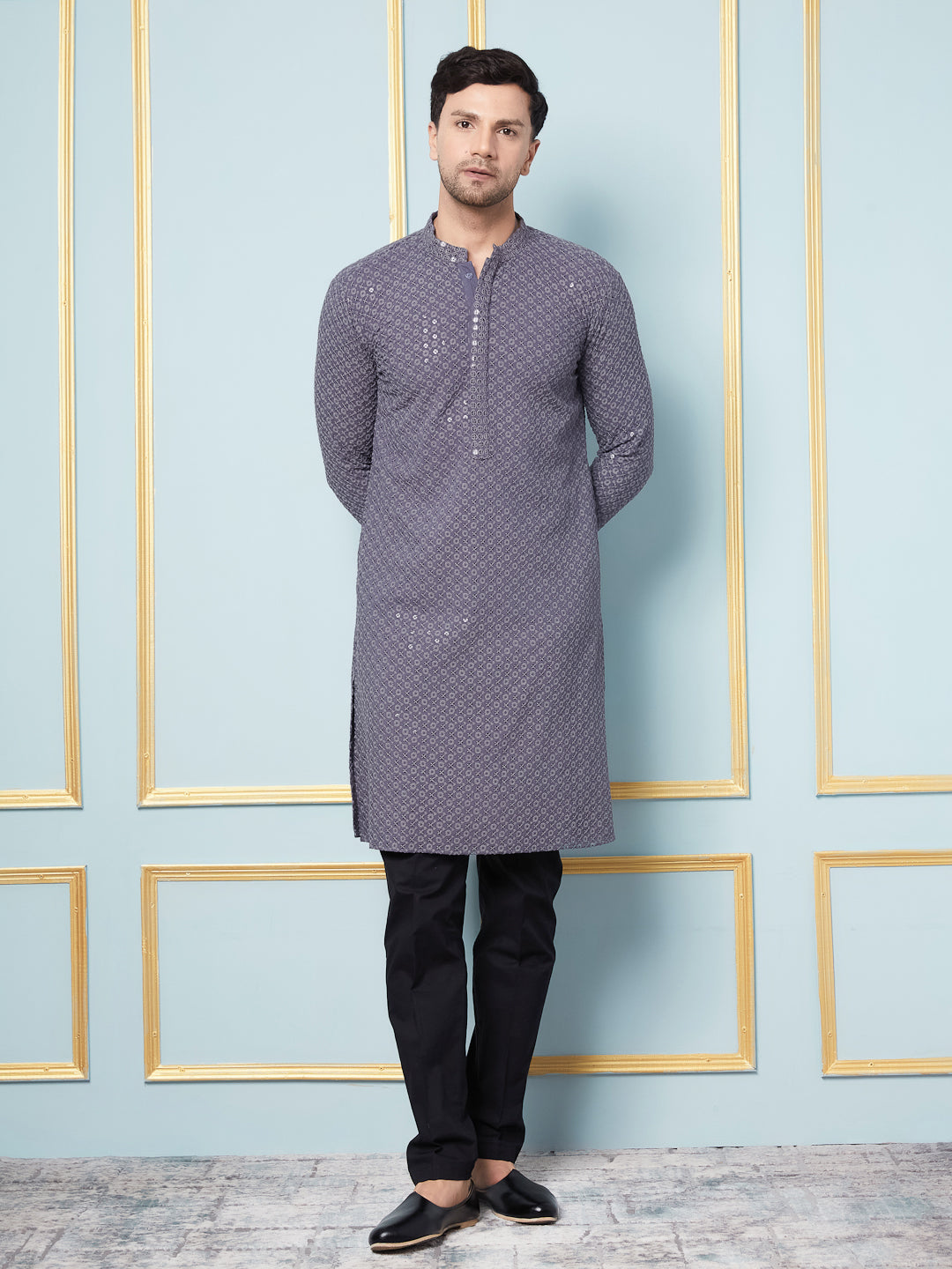 Men Silver Twilight Embroidered Sequined Rayon Kurta