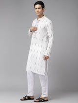 Men White & Black Pure Cotton Embroidered Straight Kurta With Pajama