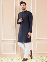 Men Black Cotton Solid Straight Kurta