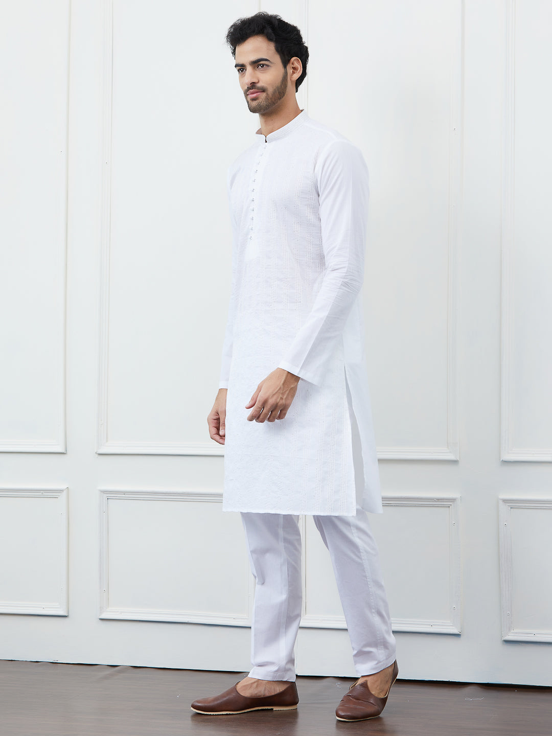 Men White Cotton Thread Work & Sequence Kurta