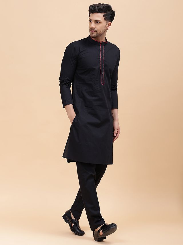 Men Black & Red Pure Cotton Embroidered Straight Kurta With pyjama