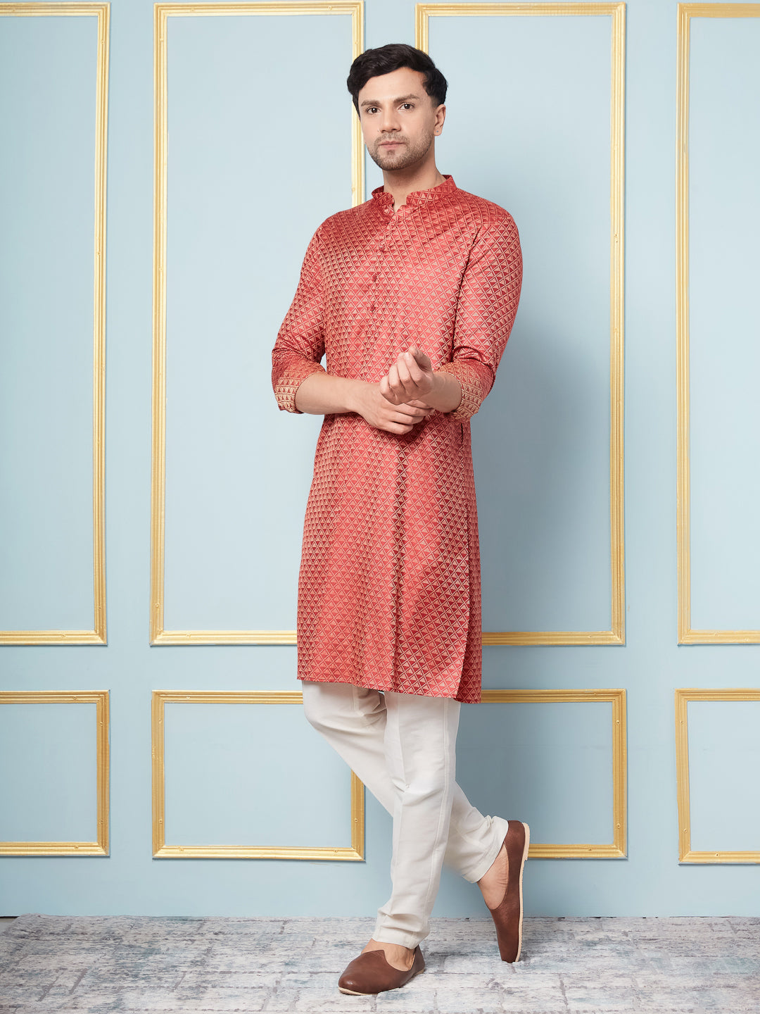 Riwaat.com Men Red & Gold Woven Design Thread Work Kurta Riwaat Woven Design