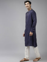 Men Blue & Beige Toned  Woven Design Thread Work Kurta