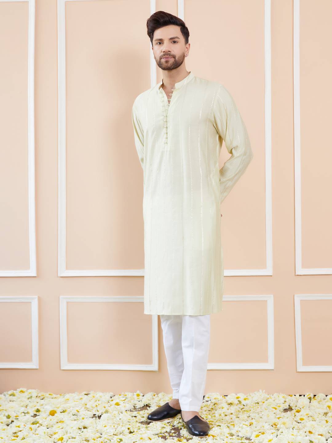 Men Cream with Subtle Gold Shimmer Chanderi Silk Sequins Kurta With Pajama