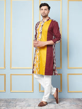 Men Maroon,Mustard and White Printed Kurta With pyjama