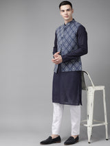 Men Indigo Orbit Printed Pure Cotton Nehru Jacket