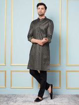 Men Black & Green Woven Design Thread Work Kurta