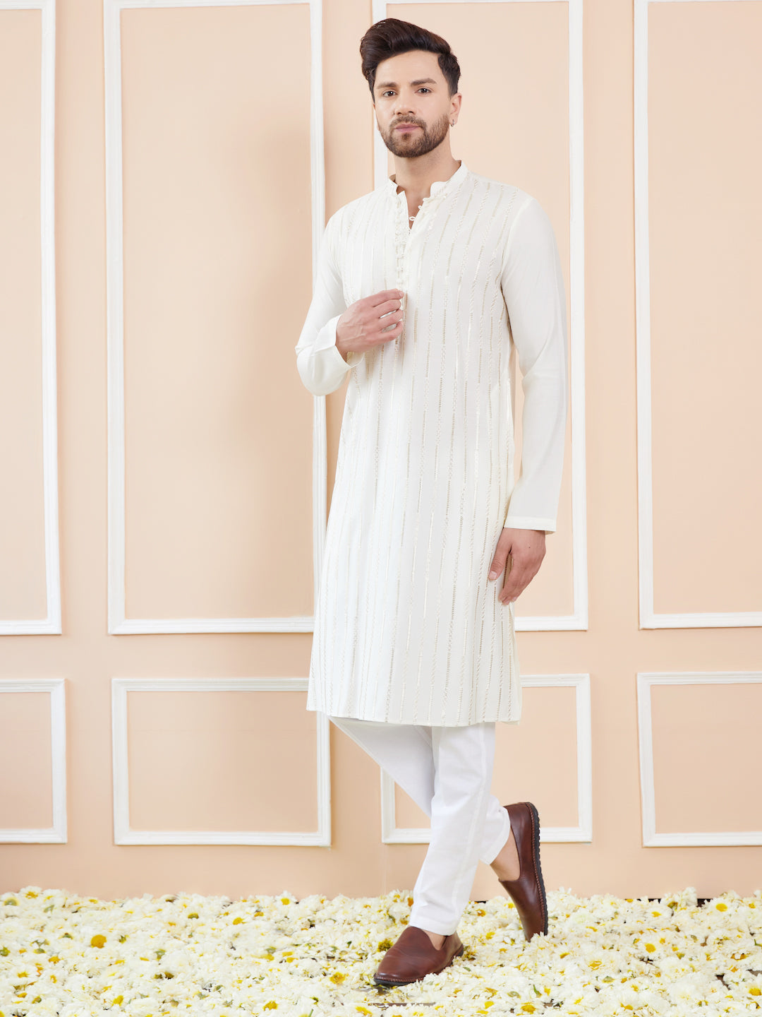 Men Off White And Gold Royale Chanderi Silk Sequins Kurta