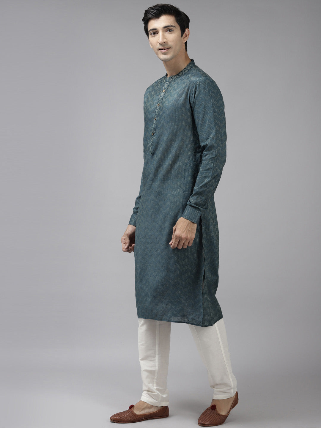 Men Teal & Beige Wave Woven Design Thread Work Kurta