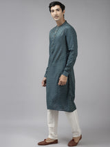 Men Teal & Beige Wave Woven Design Thread Work Kurta