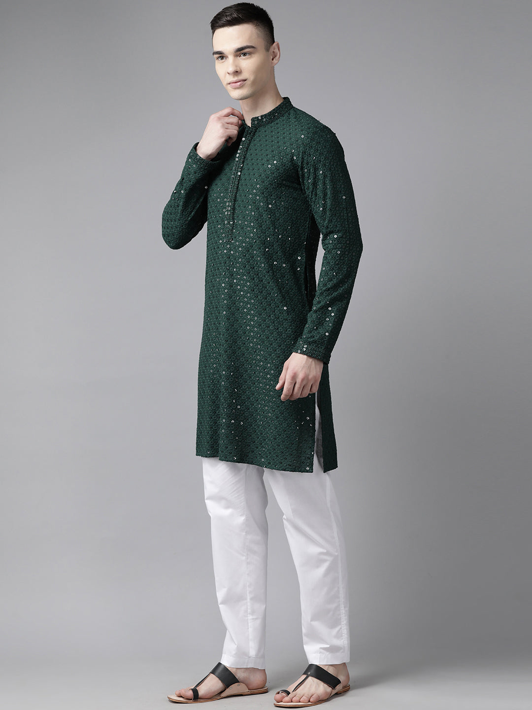 Men Green Floral Embroidered Sequins Rayon Kurta With pyjama