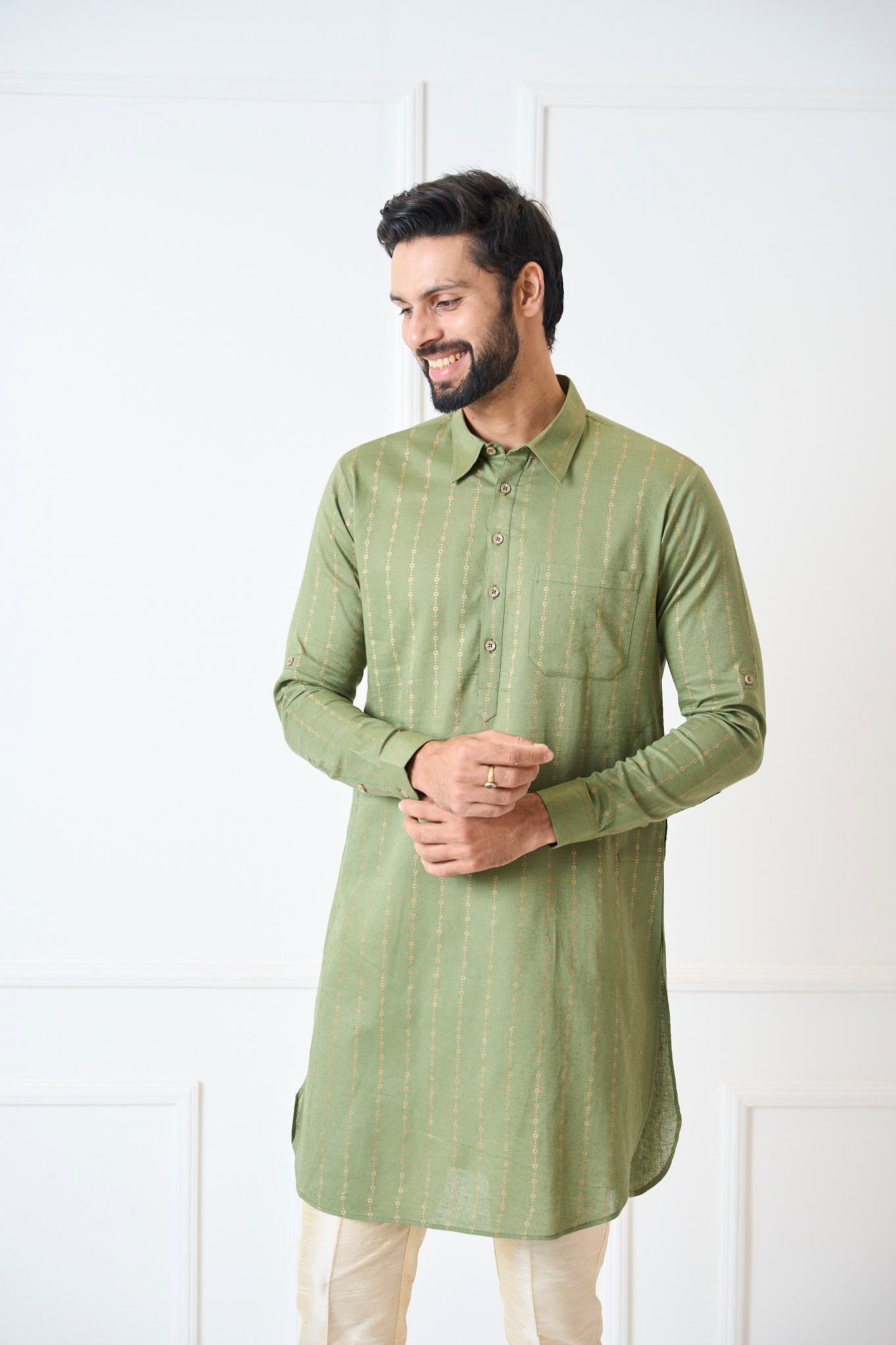 Riwaat.com Men Olive Green Regular Pure Cotton Pathani Kurta Riwaat Floral Mehendi Pathani