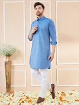Men Blue Cotton Solid Pathani Kurta