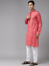 Men Crimson Red with Subtle White Accents Silk Woven Design Straight Kurta With Pajama