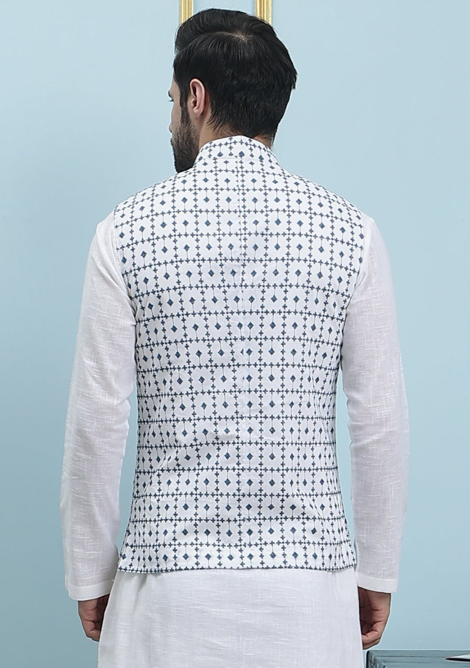 Men White And Teal Azure Mosaic Woven Design Chikankari Embroidery Cotton Nehru Jacket