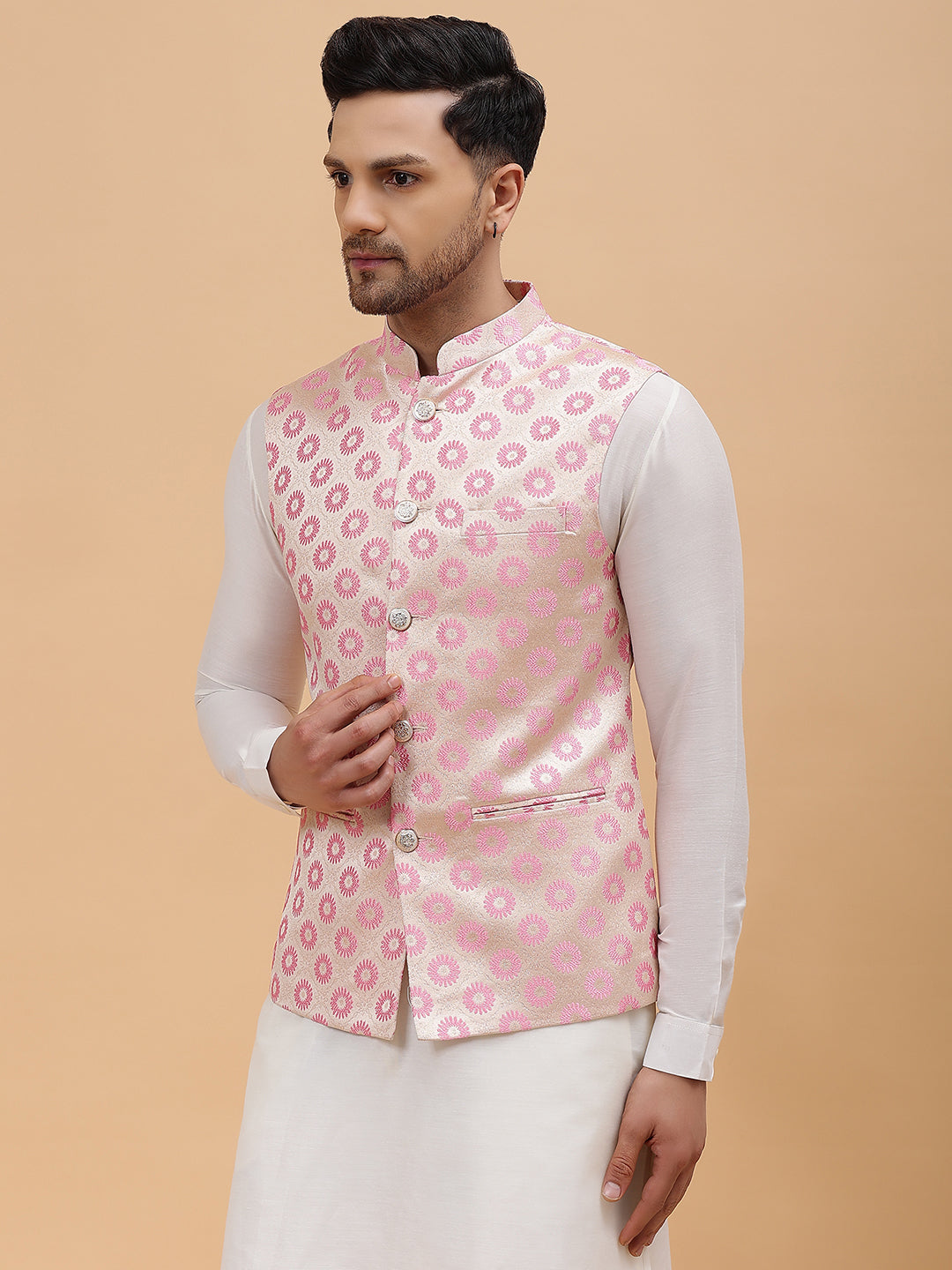 Men Gold & Pink Woven Design Jacquard Nehru Jacket